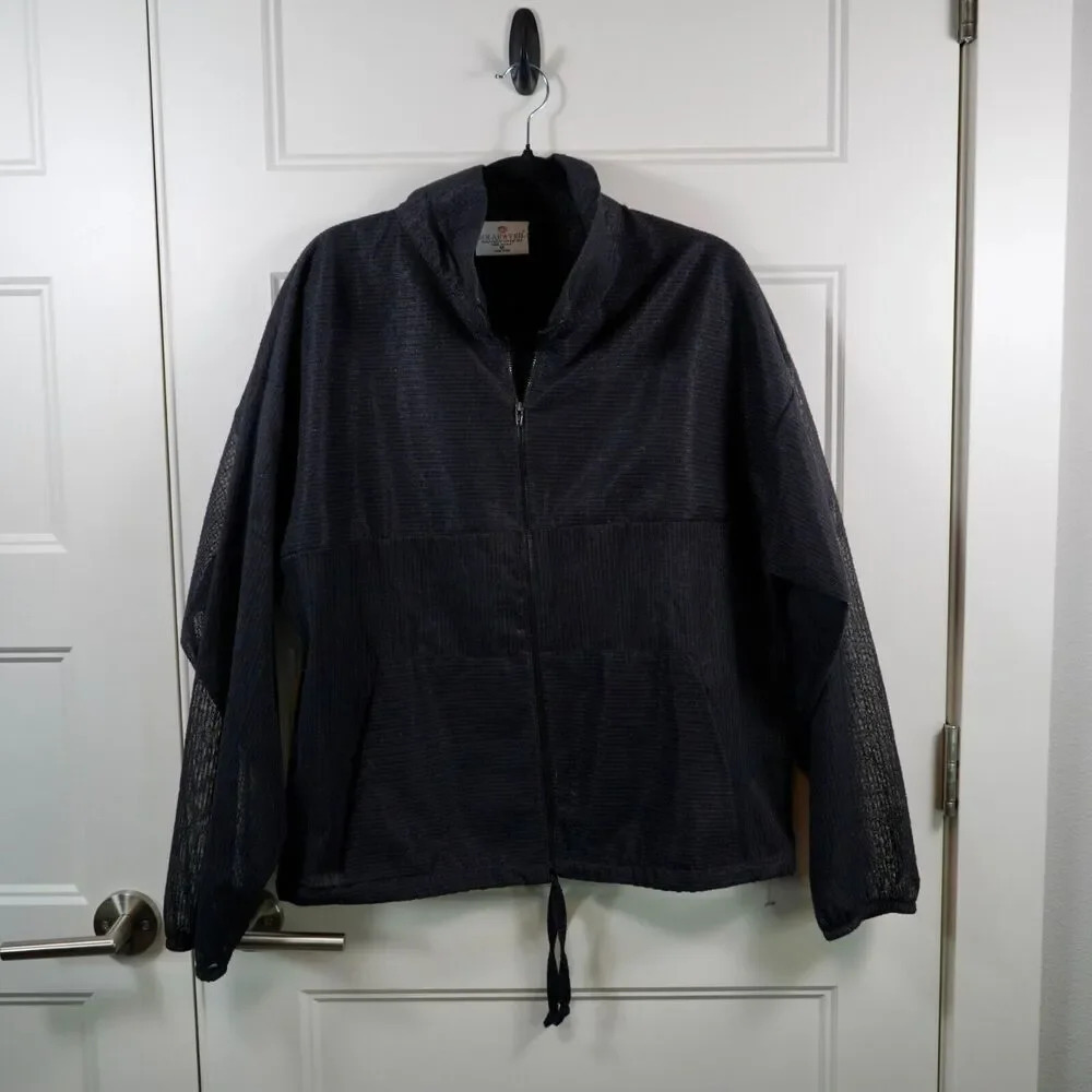 Vtg 90s Womens Sheer Top M Black Gauzy Zip Collared Shirt Shacket Sun Protection